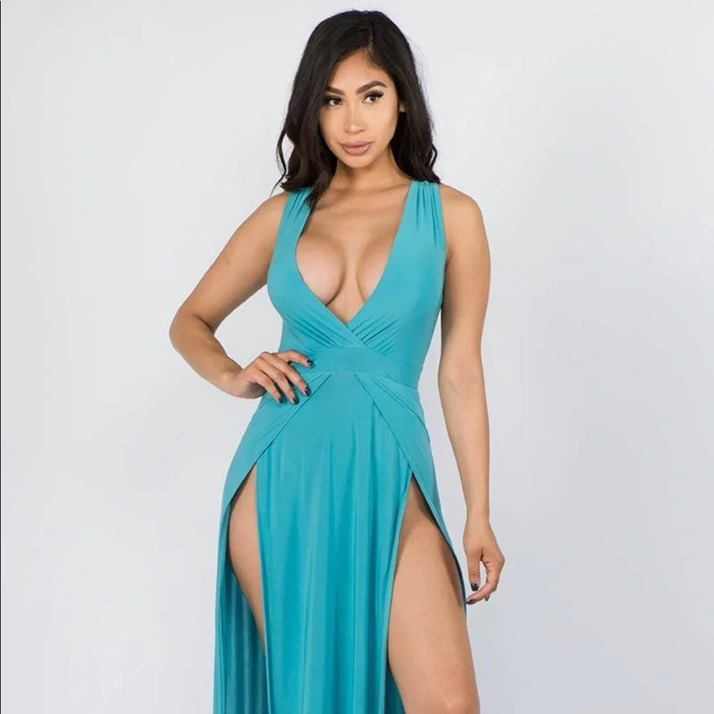 NEW TRENDY TEAL V NECK TANK TOP DOUBLE HIGH SLIT MAXI DRESS